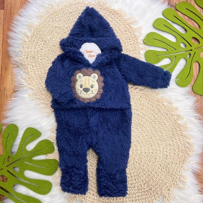 Macacão de Pelinho Sherpa Leão com Capuz - Marinho